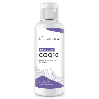 NanoNutra's Liposomal CoQ10 liquid boosts energy levels, supports heart health, and anti-aging. *
